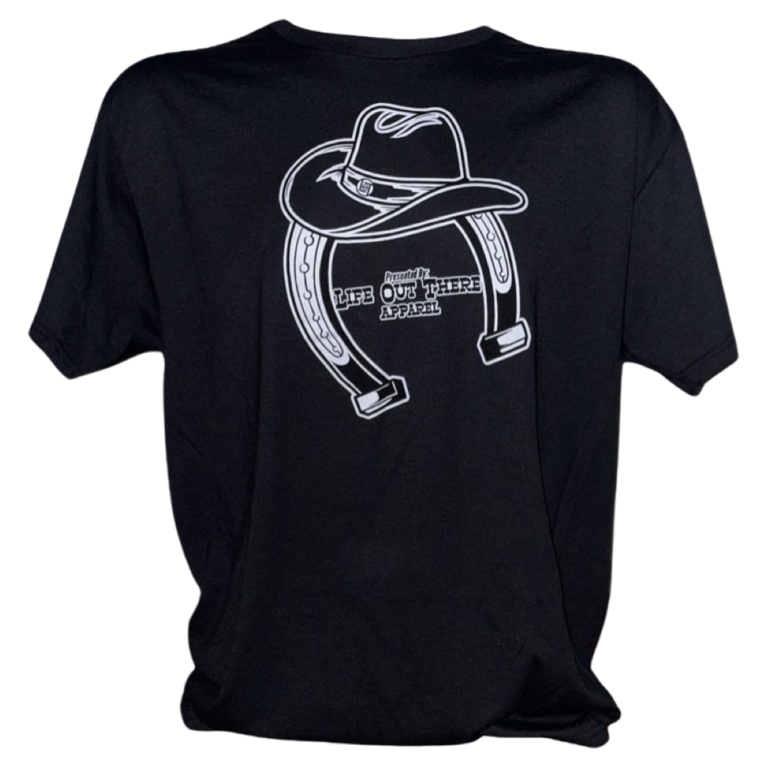 “ONWARD & UPWARD” Tour :
Life Out There Apparel “ONWARD & UPWARD” Tour Black Unisex tee is a country concert design with a cowboy hat & horseshoe on the front and back, with all the design names from the past 2 years (instead of city & tours dates) this photo has a transparent background with showing the front of the shirt. 