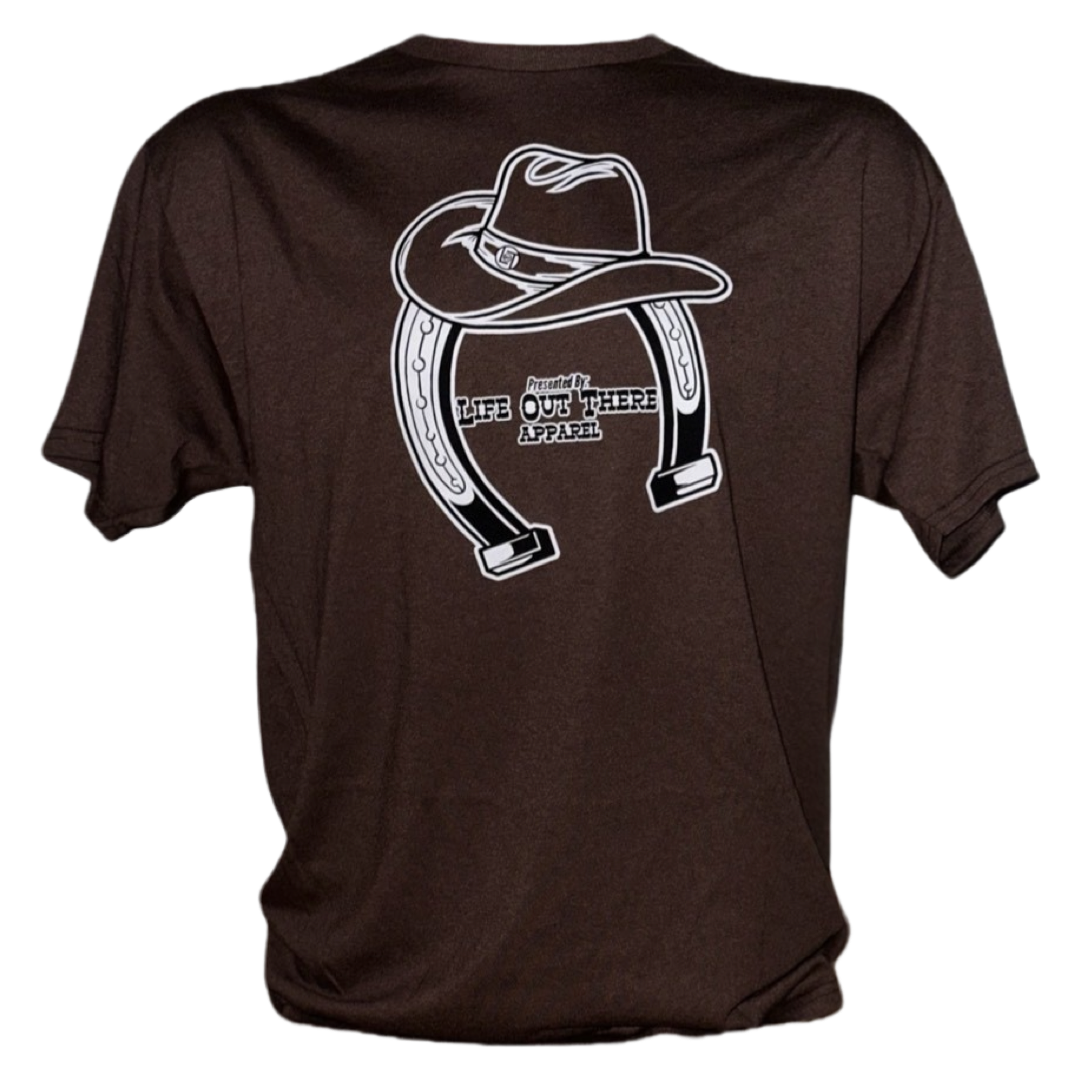 “ONWARD & UPWARD” Tour :
The Chocolate Brown Life Out There Apparel “ONWARD & UPWARD” Tour Unisex tee in is a country concert design with a cowboy hat & horseshoe on the front and back, with all the design names from the past 2 years (instead of city & tours dates) This photo is of the front of the chocolate brown tee shirt that has transparent background. 