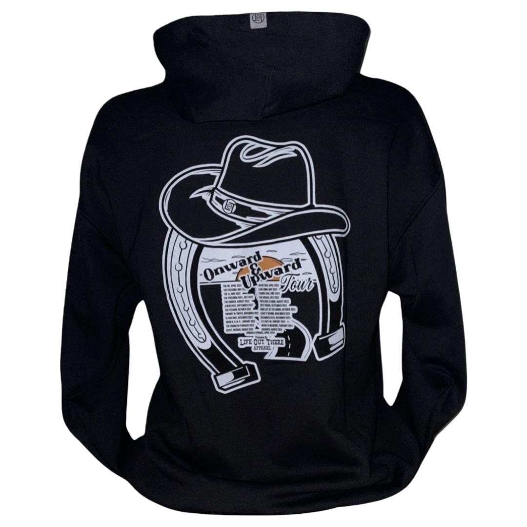 Black Unisex hoodie from Life Out There Apparel “ONWARD & UPWARD” Tour - this design is a country concert design with a cowboy hat & horseshoe on the front and back with every Life Out There Apparel launch for the past 2 years. This photo shows the back of the hoodie with a white background. 