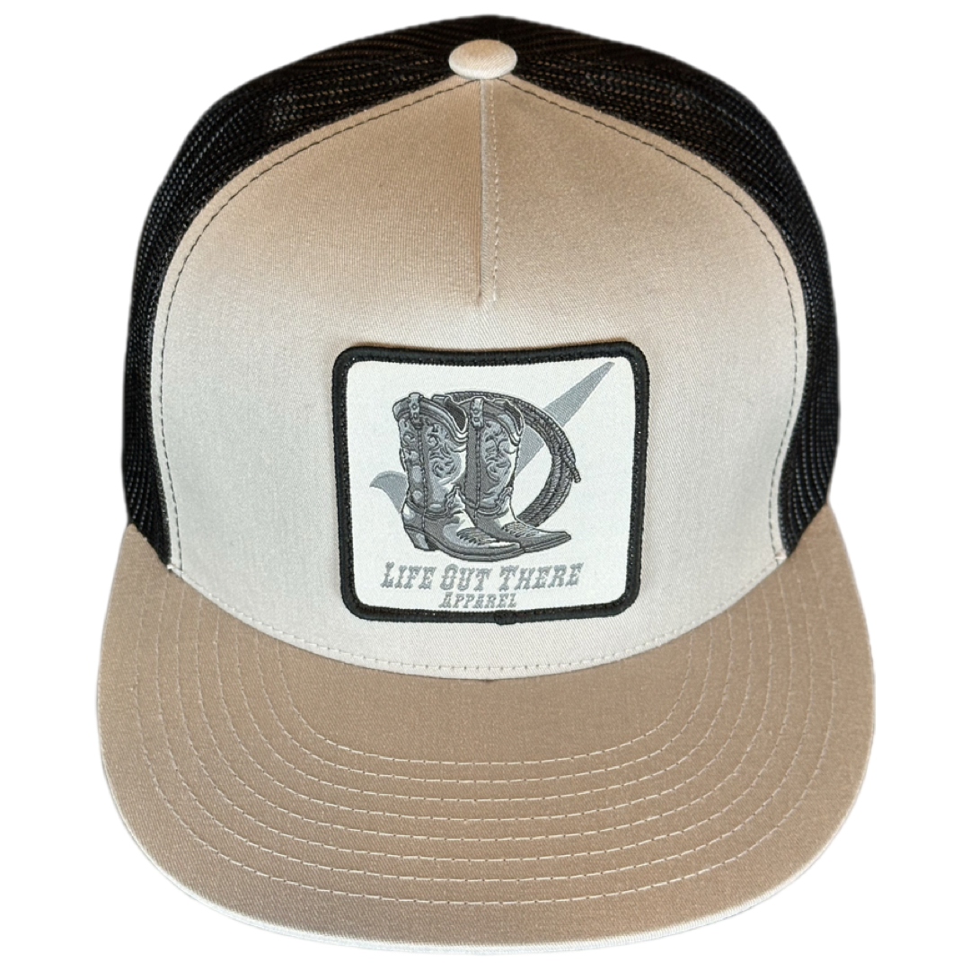 “BOOT CHECK” - Flat Bill  Snapback Trucker Hat = Silver / Black