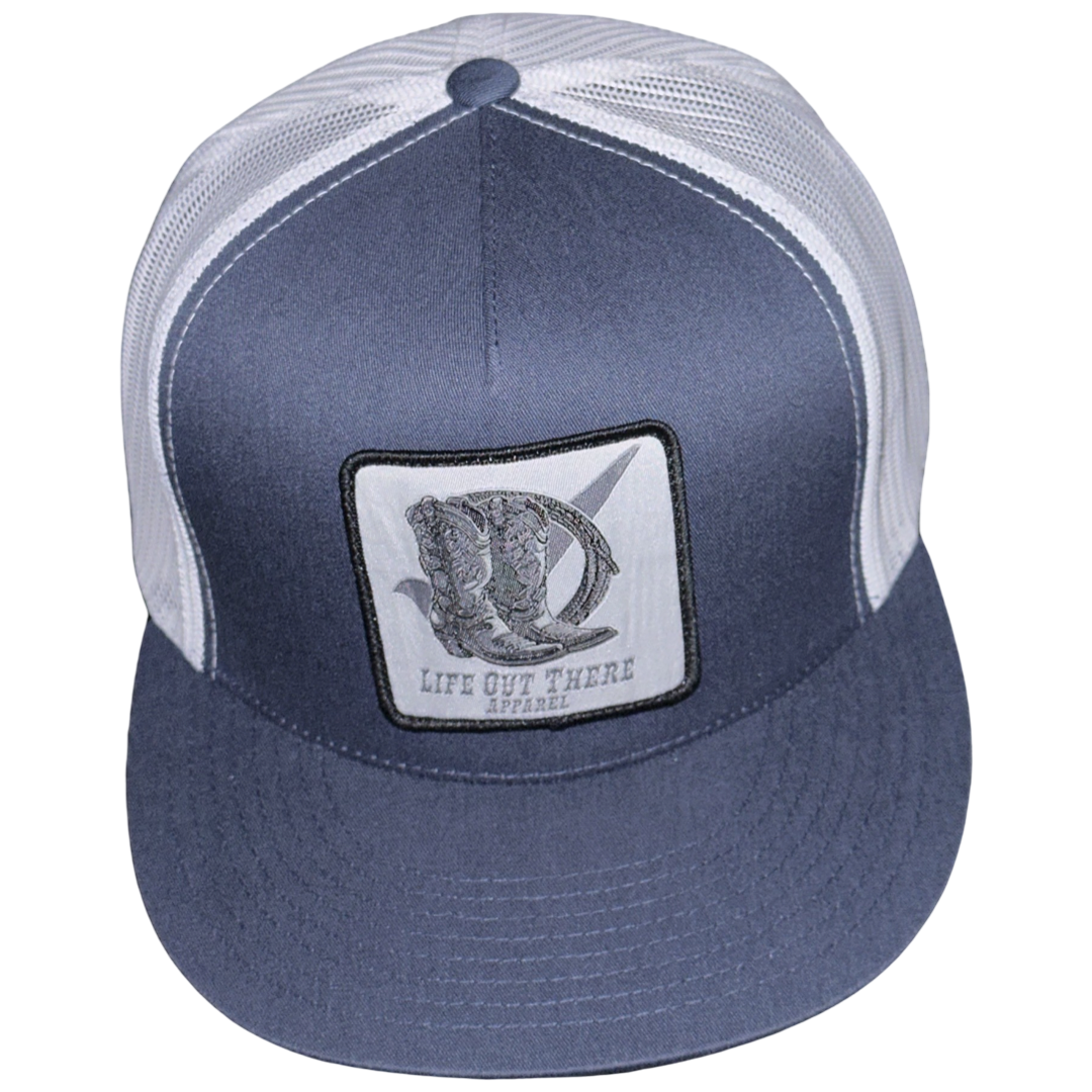 “BOOT CHECK” - Flat Bill Snapback Trucker Hat = Navy / White