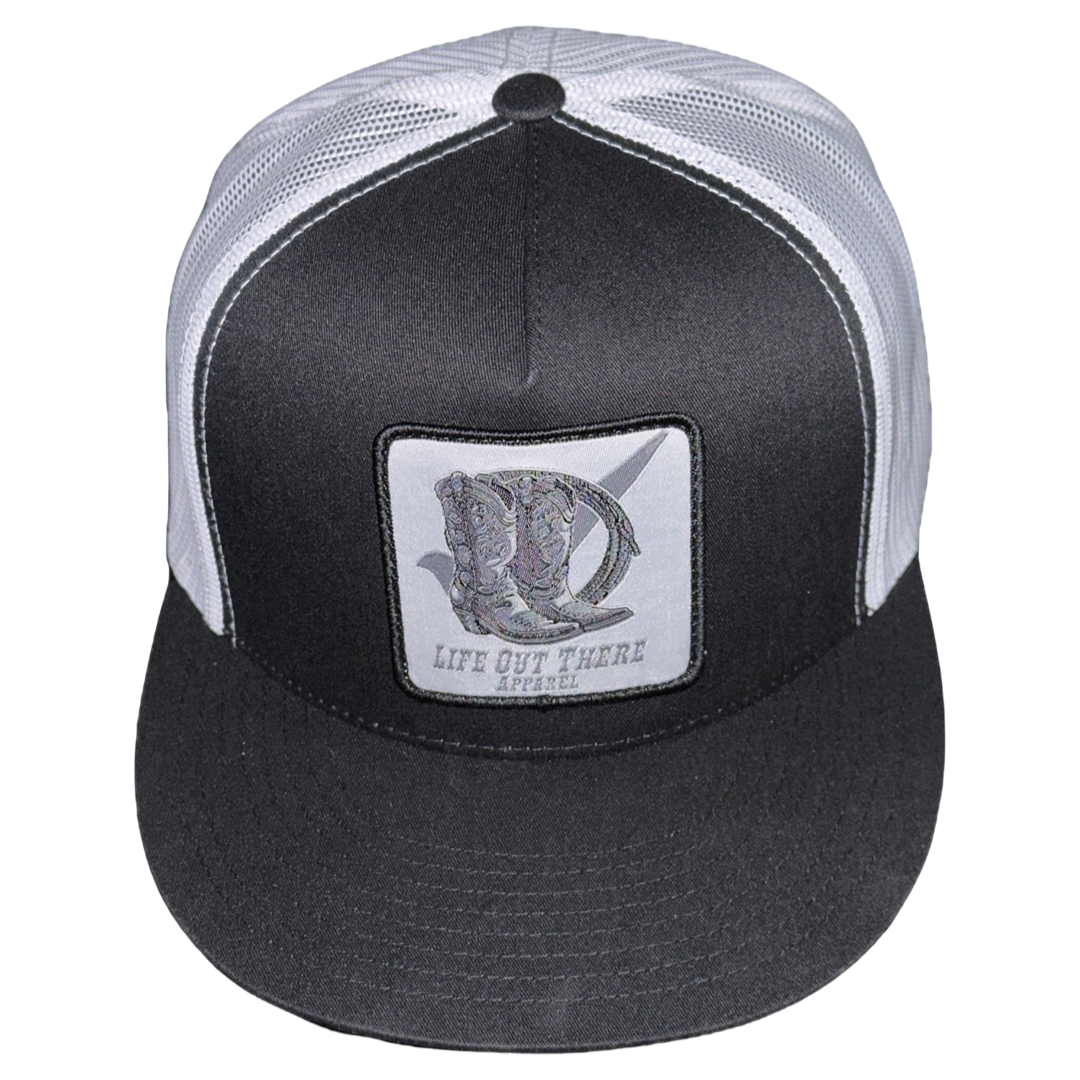 “BOOT CHECK” - Flat Bill SnapBack Trucker Hat = Black / White