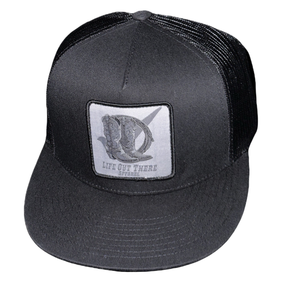 “BOOT CHECK” - Flat Bill Snapback Trucker Hat = Black