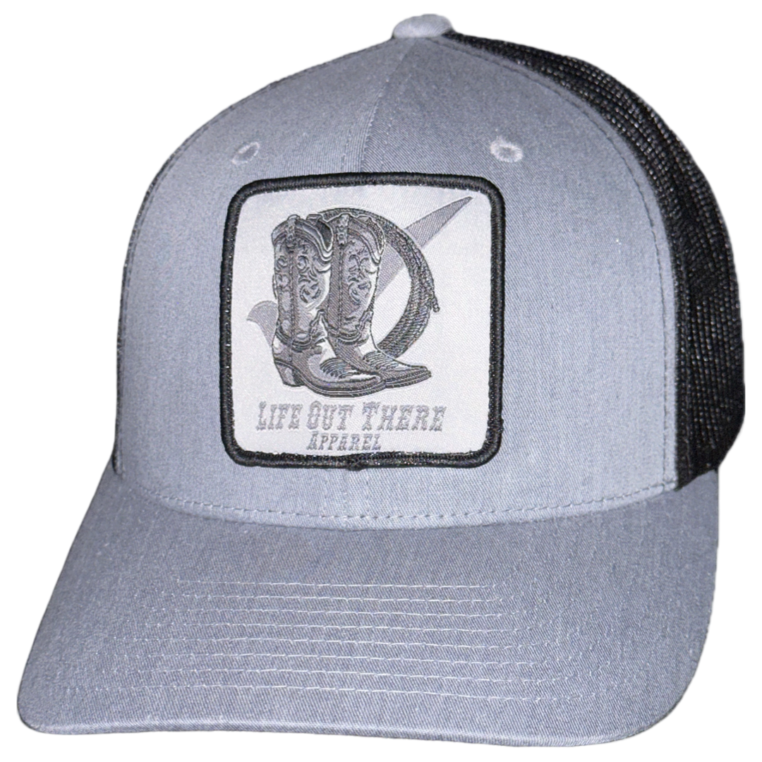 “BOOT CHECK” - Curved Bill Snapback Trucker Hat = Heather Grey / Black