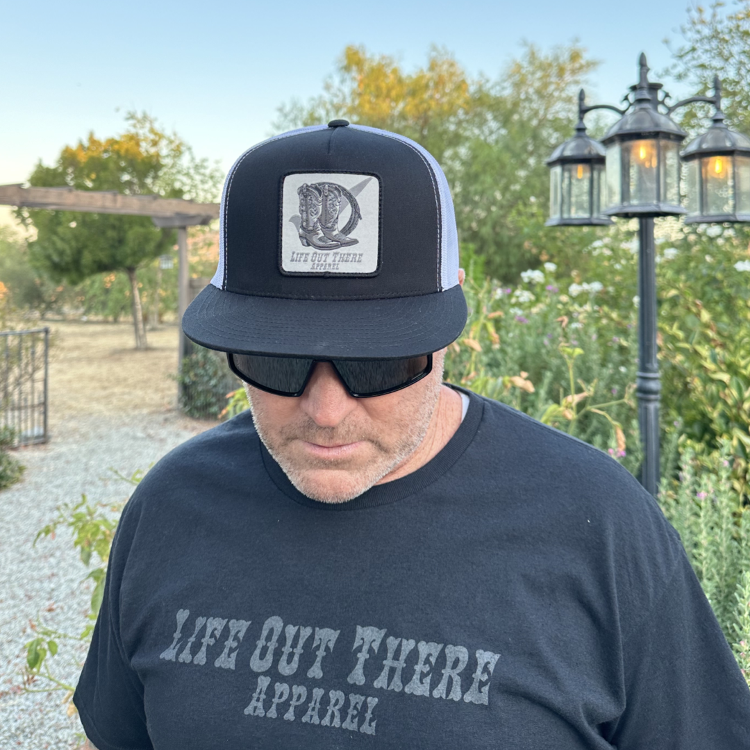 “BOOT CHECK” - Flat Bill SnapBack Trucker Hat = Black / White