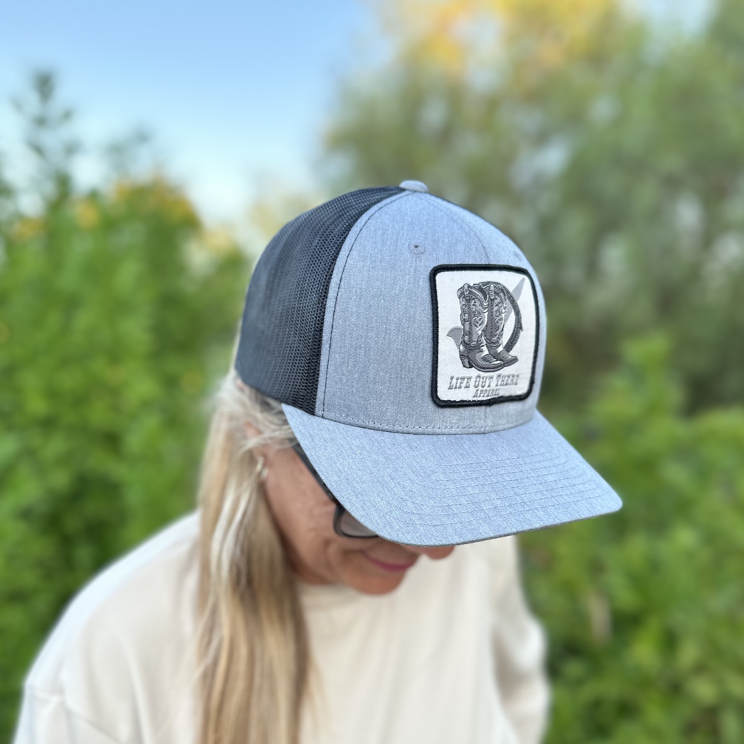 “BOOT CHECK” - Curved Bill Snapback Trucker Hat = Heather Grey / Black