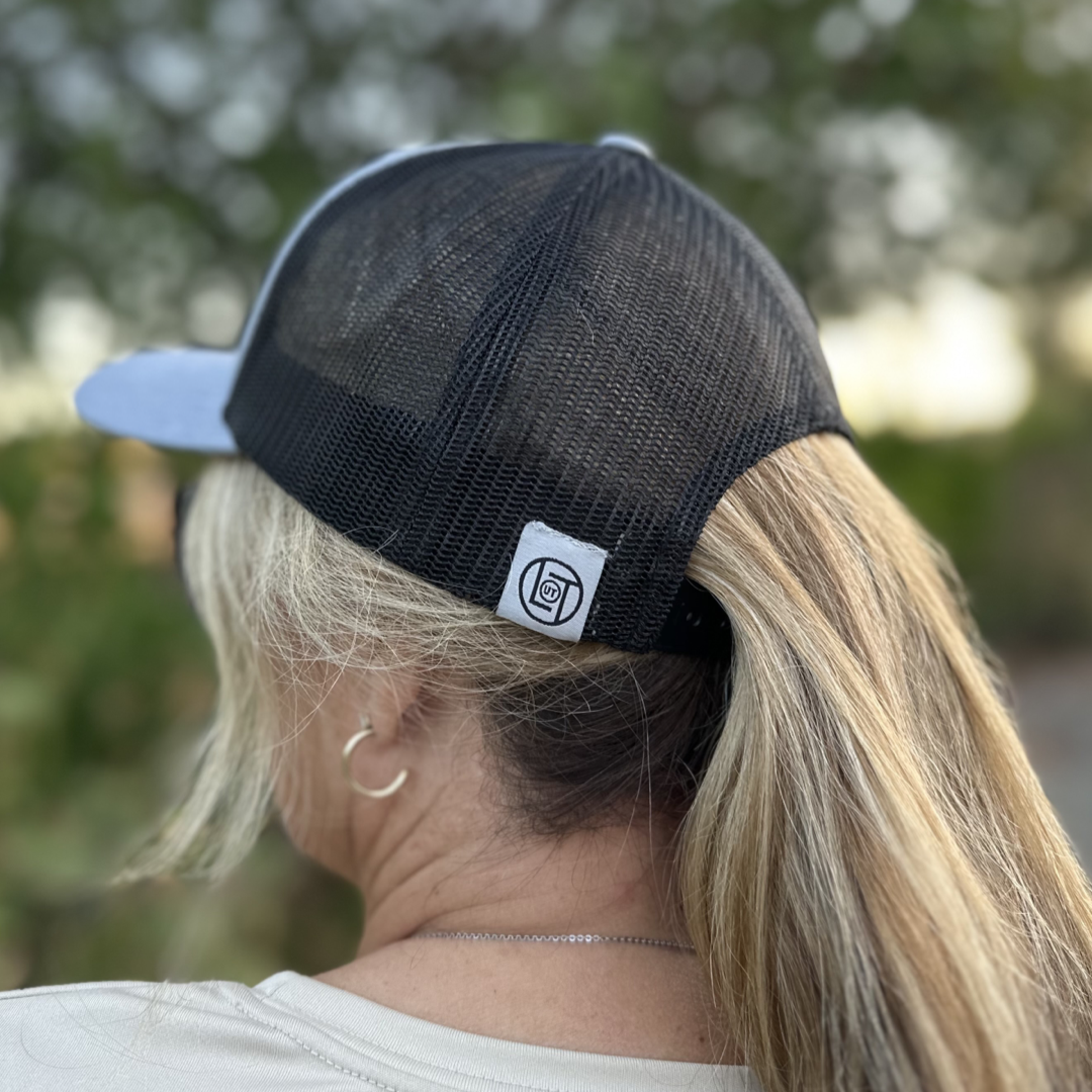 “BOOT CHECK” - Curved Bill Snapback Trucker Hat = Heather Grey / Black