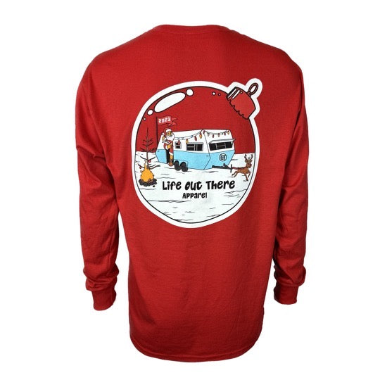 Life Out There Apparel “December 26th” red Unisex long sleeve tee shows Santa Clause camping in the desert, in a travel trailer, while relaxing after the big day and burning his Christmas tree, all inside a Christmas ornament - back of the tee. 