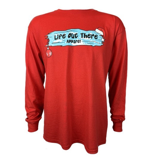 Life Out There Apparel “December 26th” red Unisex long sleeve tee shows a piece of wood covered in ice with a santa hat and an ornament hanging down - front of the tee. 