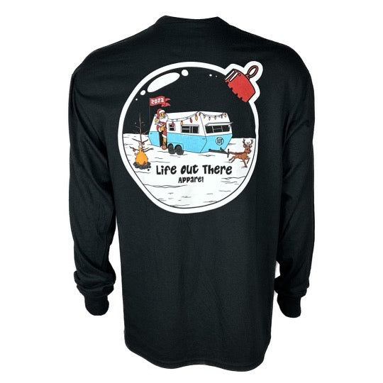 Life Out There Apparel “December 26th” black Unisex long sleeve tee shows Santa Clause camping in the desert, in a travel trailer, while relaxing after the big day and burning his Christmas tree, all inside a Christmas ornament - back of the shirt. 