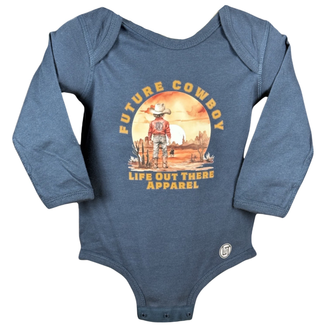 The Denim Blue baby onesie by Life Out There Apparel, a 100% cotton snap tee, showcases Future Cowboy above a sunset-watching cowboy illustration.