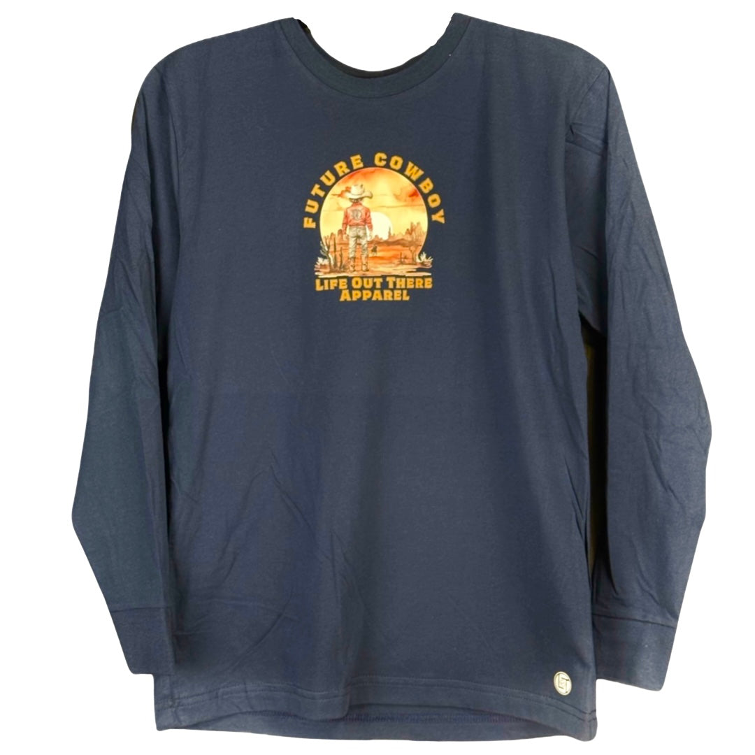 This youth tee from Life Out There Apparel features a long-sleeve navy design with a round Future Cowboy logo and text, highlighting a cowboy gazing at a sunset, embodying the essence of country music.