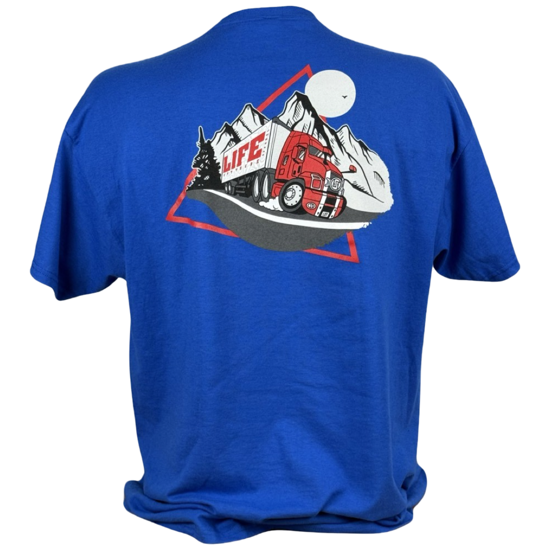 The Unisex - 10-4 Good Buddy Tee by Life Out There Apparel is a royal blue shirt showcasing a graphic of a red truck under a full moon, framed by snow-capped mountains and a red triangle, with LIFE written across it. Perfect for truck drivers.