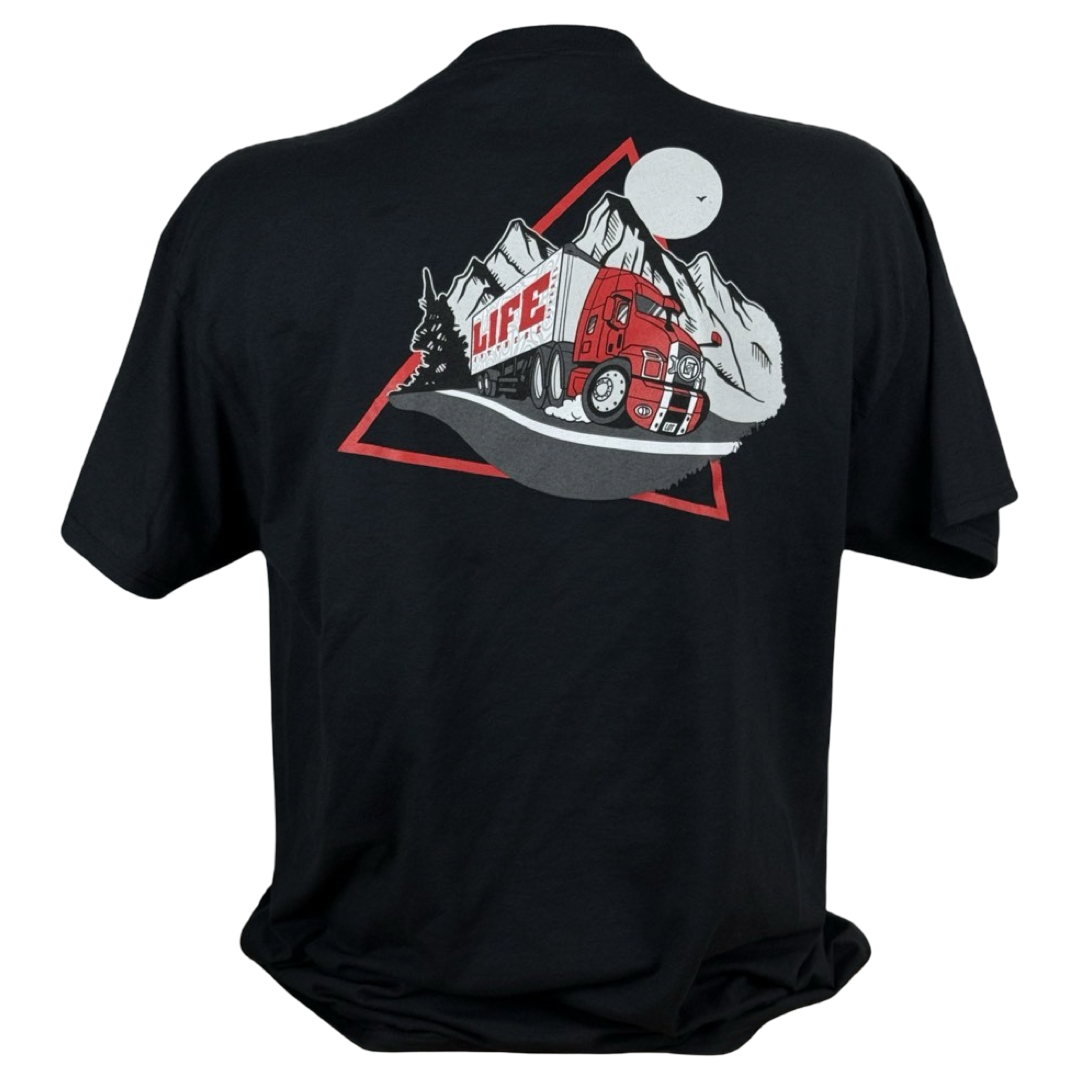 The Unisex - 10-4 Good Buddy Tee by Life Out There Apparel features a black design with a red truck, the word LIFE, mountains, and a full moon within a red triangle. Ideal for adventurous truck drivers who love transportation themes.