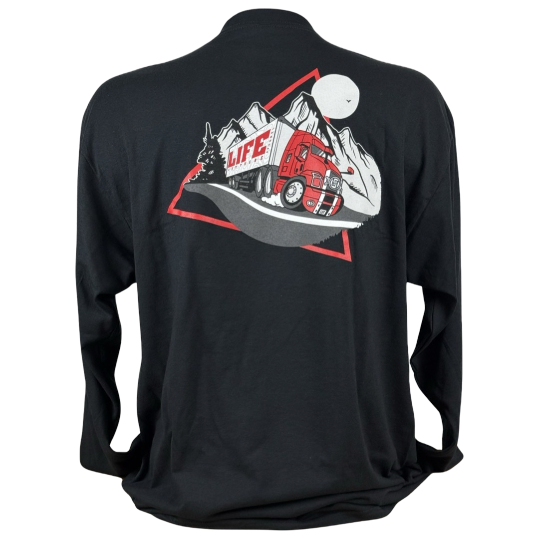 The Unisex 10-4 Good Buddy Long Sleeve Tee by Life Out There Apparel is black, crafted from soft cotton. It features a tagless design, showcasing a red truck with LIFE in a snowy mountain scene under a full moon, framed by a red triangle.