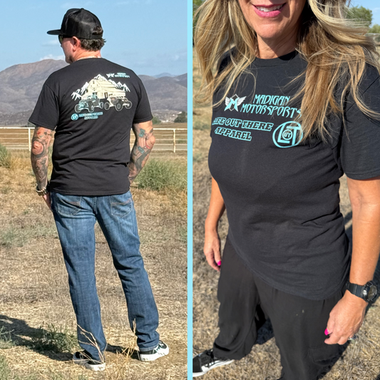 Split image: Left, a man outdoors shows the back of the black Life Out There Apparel Unisex - Side X Side Tee. Right, a woman smiles in casual style wearing the same tee from the front.
