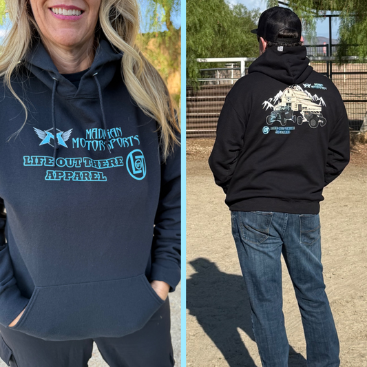 Split image: Left—a woman in a black "Unisex - Side X Side Hoodie" by Life Out There Apparel. Right—a man from behind highlights the bold off-road vehicle graphic, showcasing this standout Side X Side hoodie & Madigan Motorsports.