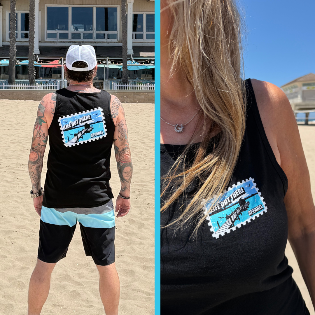 Split image: Left shows a tattooed person in the Wish You Were Here Tank Top - Black by Life Out There Apparel on a sandy beach, back facing the camera. Right zooms in on the tank top’s chest logo.
