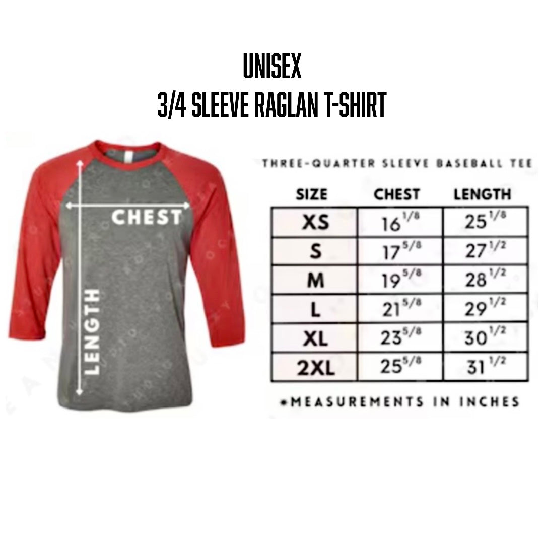 The Not All There 3/4 Sleeve Raglan T Shirt in black and white by Life Out There Apparel is displayed beside a size chart (XS-2XL, chest and length in inches), ideal for mental health awareness or a September suicide prevention event.