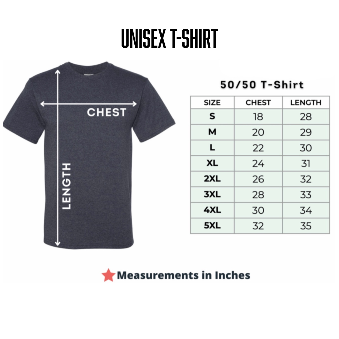A sizing chart for the unisex "On My Way T Shirt - Black" by Life Out There Apparel with chest and length measurements (inches), available in sizes S–5XL—ideal for our 1 year anniversary collection.