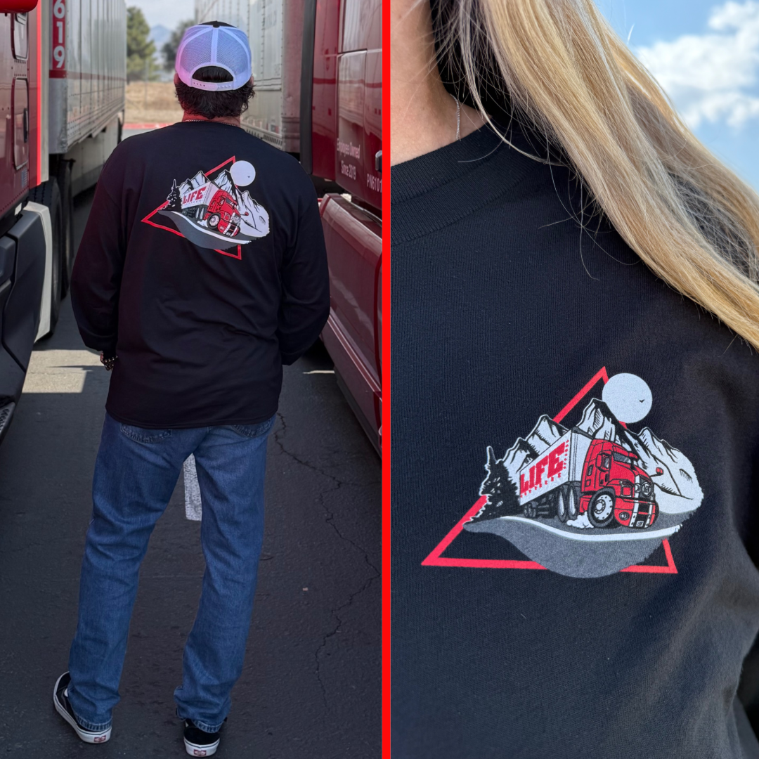 A person wearing a 10-4 Good Buddy black long-sleeve tee by Life Out There Apparel, featuring a red truck, mountains, and full moon design, stands between two trucks. The left image shows the full back view of this unique tee, while the right zooms in on the intricate driver-favored design.