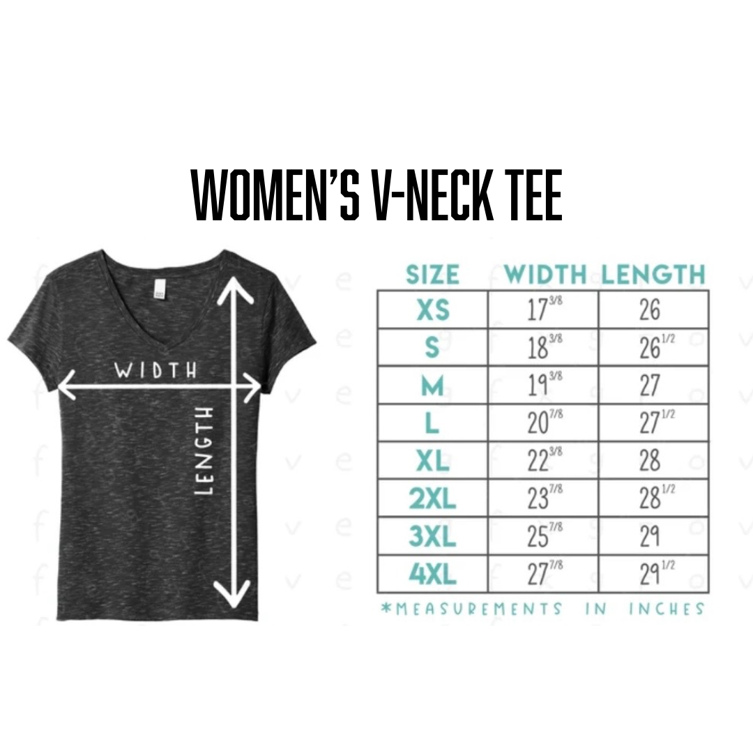 Life Out There Apparel’s Time Flies "Women’s" V-Neck T Shirt in black features an hourglass and arrows showing width/length. A chart on the right lists XS–4XL sizes with their width and length (inches).