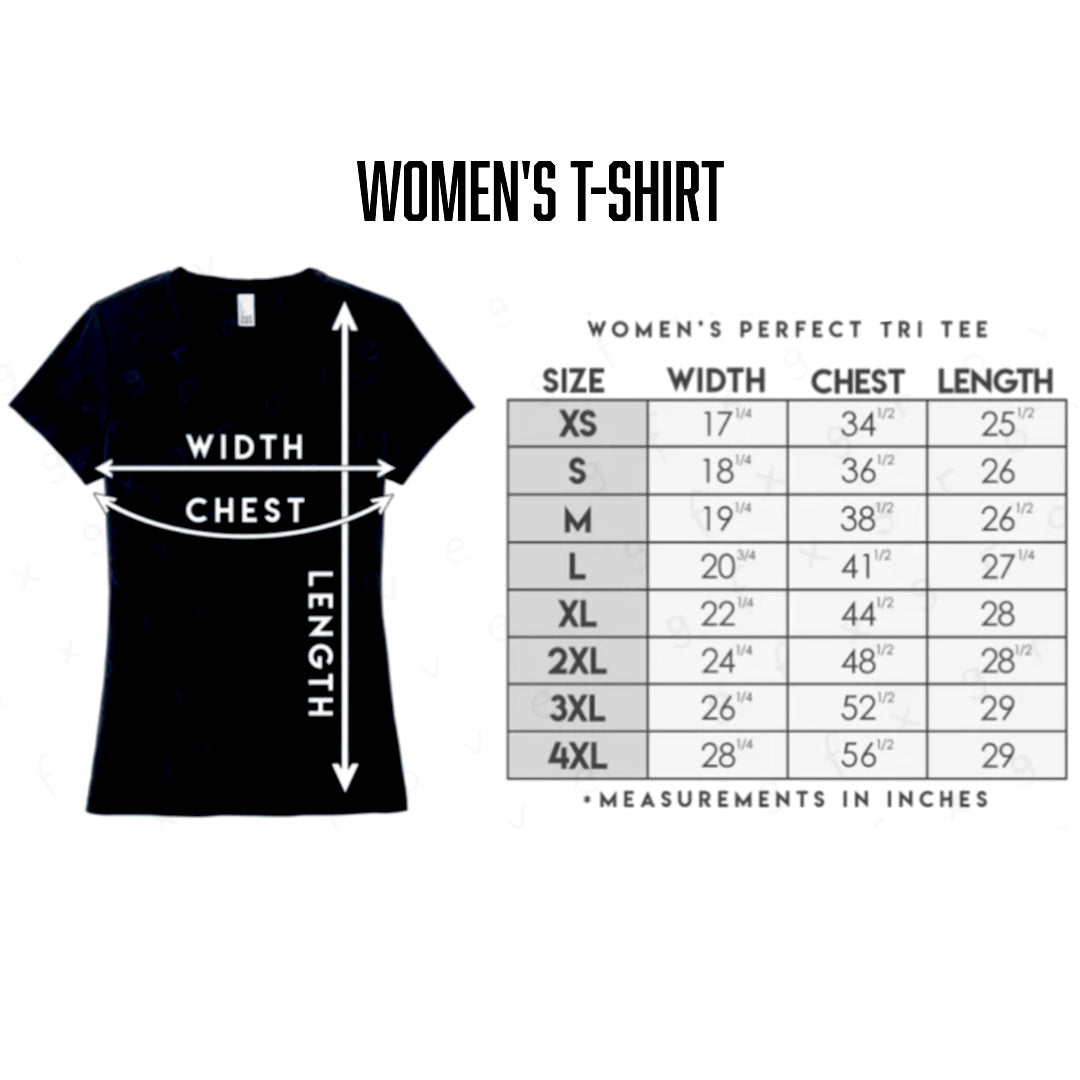Life Out There Apparel’s Leave It Behind Women's T Shirt - Black size chart features a diagram of width, chest, and length in inches for sizes XS-4XL—perfect for Veterans Day or showing military and PTSD support.