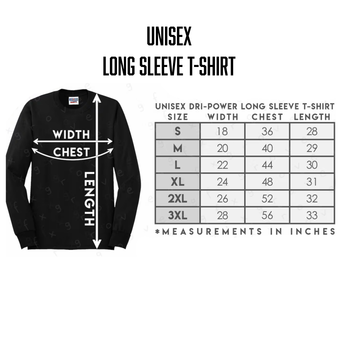 Sizing chart for the Have Faith Brother - Long Sleeve Tee in Black by Life Out There Apparel shows chest width and length (in inches) for unisex sizes S–3XL. Find your perfect fit—HAVE FAITH BROTHER in every size!.