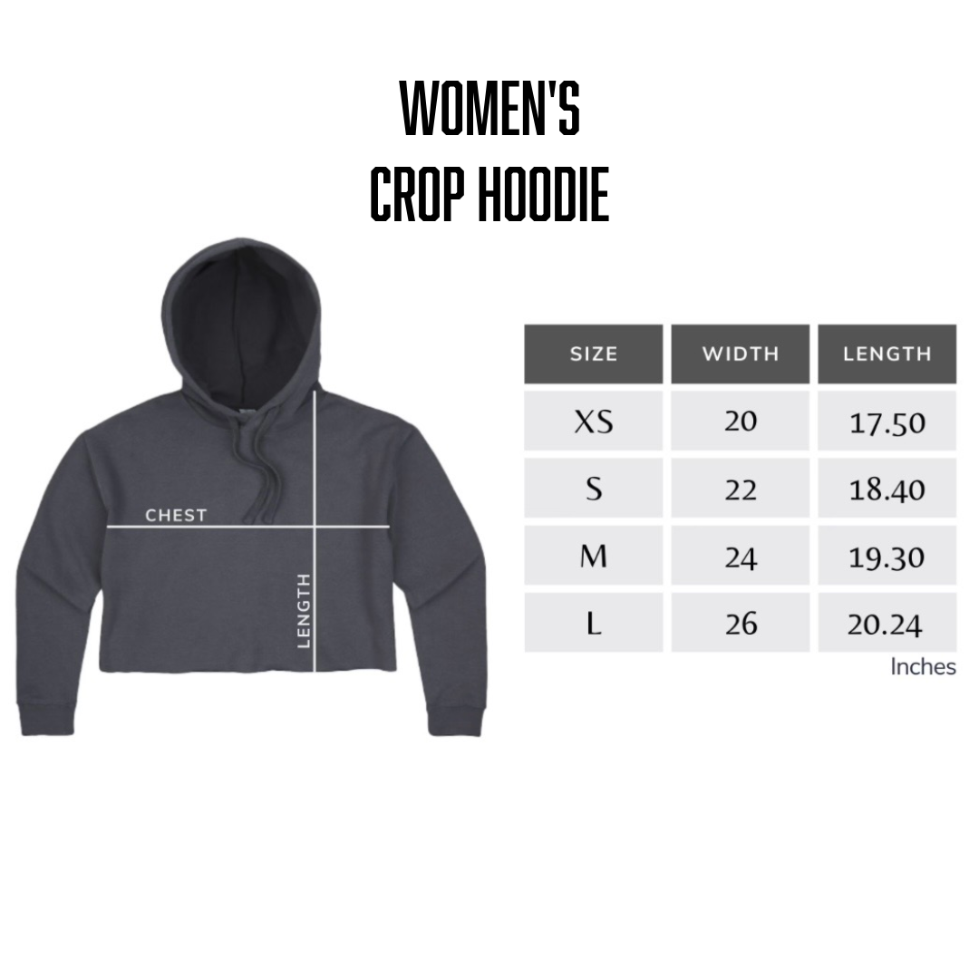 Image displaying Life Out There Apparel’s Women's - The Aloha Crop Hoodie in black with measurement lines for chest width and body length, plus a size chart (XS–L)—perfect for your next ALOHA collection piece.