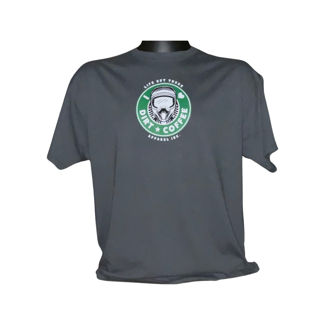 Life Out There Apparel “I ❤️Dirt⭐️Coffee” Charcoal Grey Unisex tee shirt is a twist on a Starbucks logo with a dirt bike helmet on the siren. This photo shows the front of the tee shirt which is the same logo as the back, just smaller - placed on the center of the shirt.  