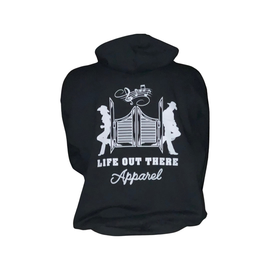 Unisex black zip-up hoodie from Life Out there, featuring designs inspired by country music. Back side.