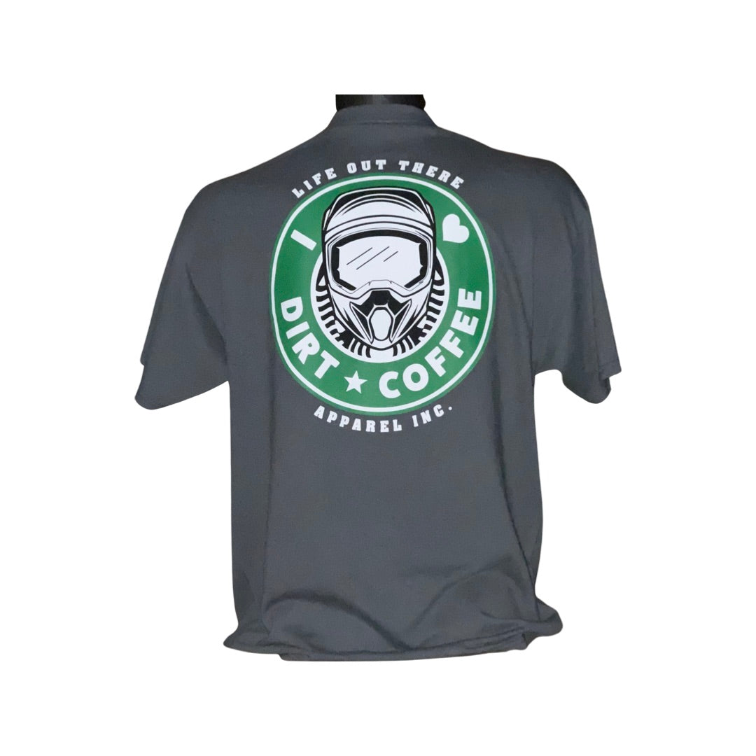 Life Out There Apparel “I ❤️Dirt⭐️Coffee” Charcoal Grey Unisex tee shirt is a twist on a Starbucks logo with a dirt bike helmet on the siren. This photo shows the back of the tee shirt. 