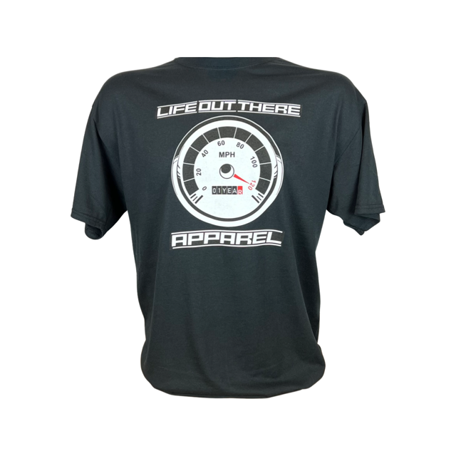 Life Out There Apparel “On My Way” Black Unisex tee shirt is the 1 year anniversary design that has a big speedometer on it - pegged at 120 mph & the odometer is rolling over 1 Year. This photo shows the design on the front of the shirt with a transparent background. 
