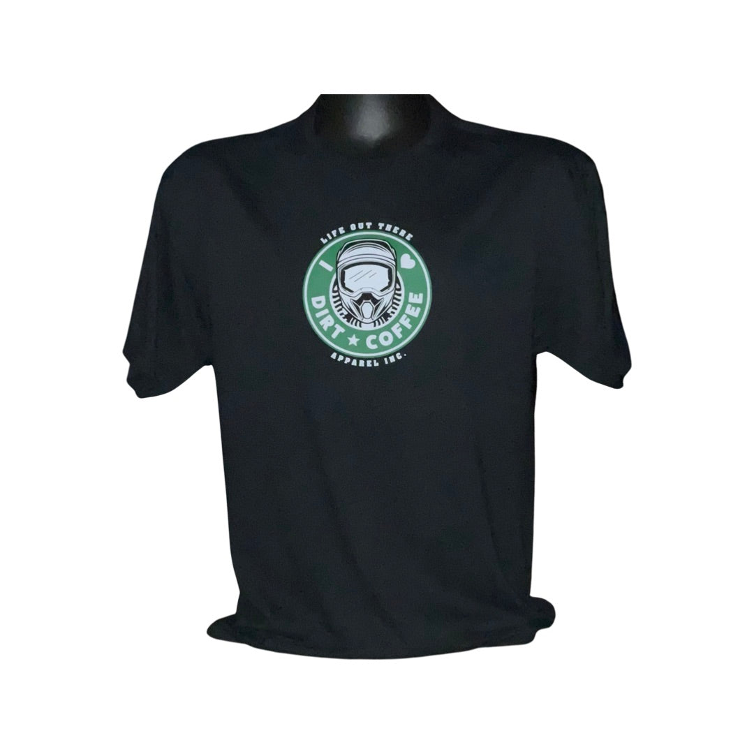 Life Out There Apparel “I ❤️Dirt⭐️Coffee” Black Unisex tee shirt is a twist on a Starbucks logo with a dirt bike helmet on the siren - this is the front of the shirt. 