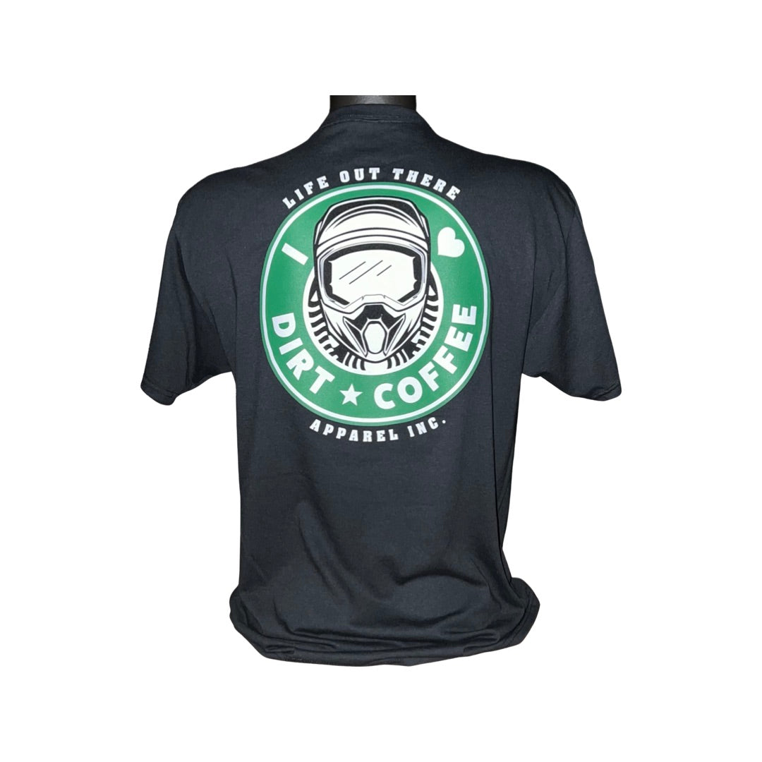 Life Out There Apparel “I ❤️Dirt⭐️Coffee” Black Unisex tee shirt is a twist on a Starbucks logo with a dirt bike helmet on the siren - this is the back of the shirt. 