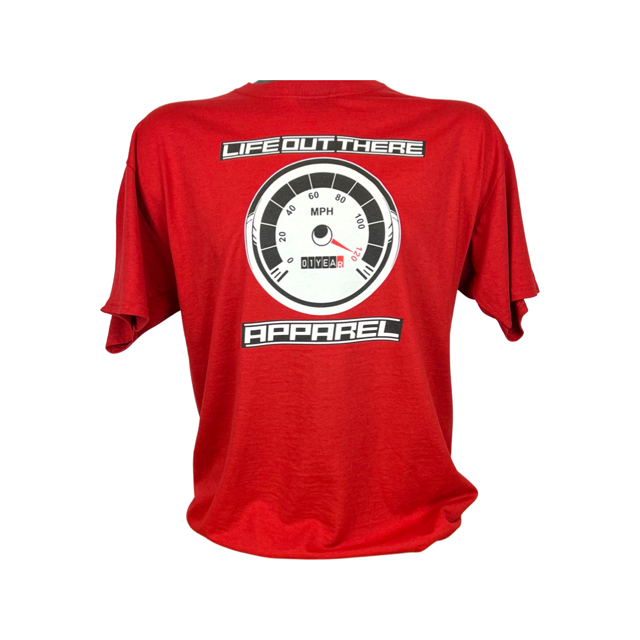 The Crimson Red color Life Out There Apparel “On My Way” Unisex tee shirt is the 1 year anniversary design that has a big speedometer on it - pegged at 120 mph & the odometer is rolling over 1 Year. This is a photo of the front of the shirt with a white transparent background.  