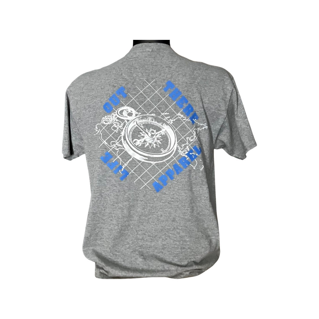 Life Out There Apparel “A New Path” Unisex Oxford grey tee shirt.  The design has a nautical feel with a compass on top of an atlas. This design was created in support of suicide awareness. 