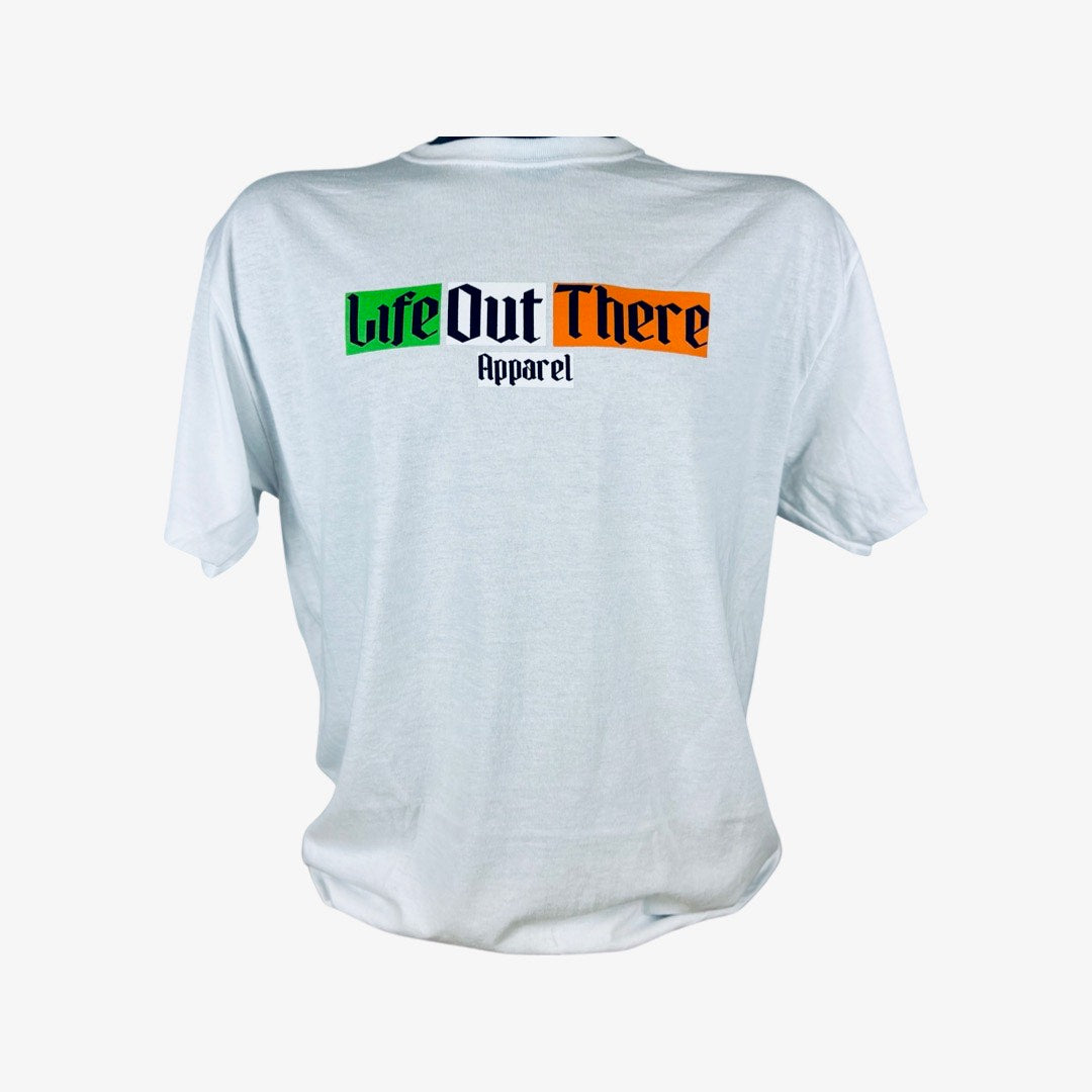 Life Out There Apparel “Capt. Patrick” Unisex tee shirt in white is a collaboration of an American flag with an Irish twist and a leprechaun boat Captain looking on. This is the front of the shirt in an Irish flag. 